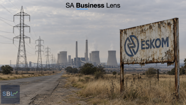 Power lines lead to an Eskom power station beside a weathered Eskom billboard