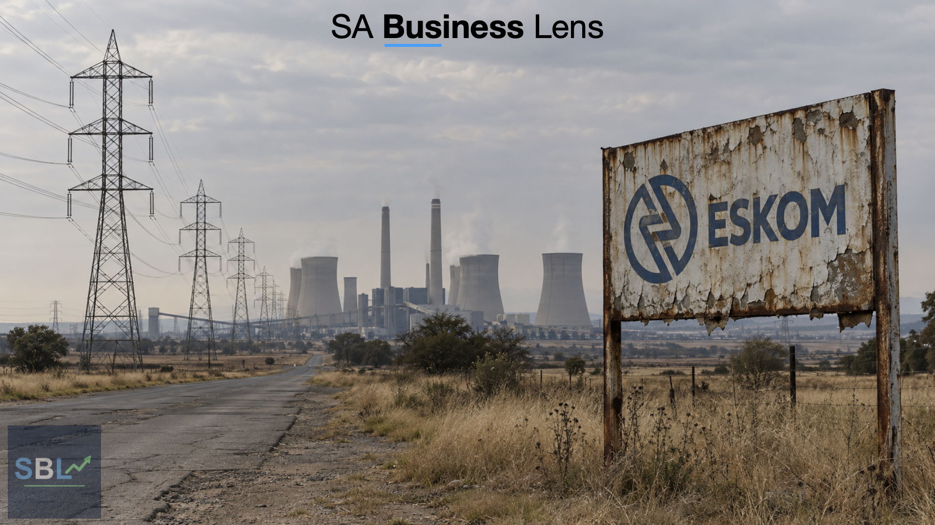 Power lines lead to an Eskom power station beside a weathered Eskom billboard