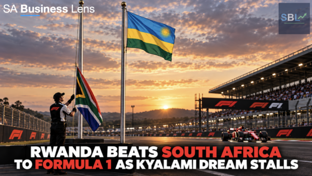 Rwanda flag raised at a Formula 1 circuit while the South African flag is lowered