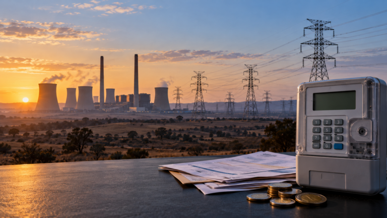Electricity meter and household bills overlooking a South African power station and transmission lines