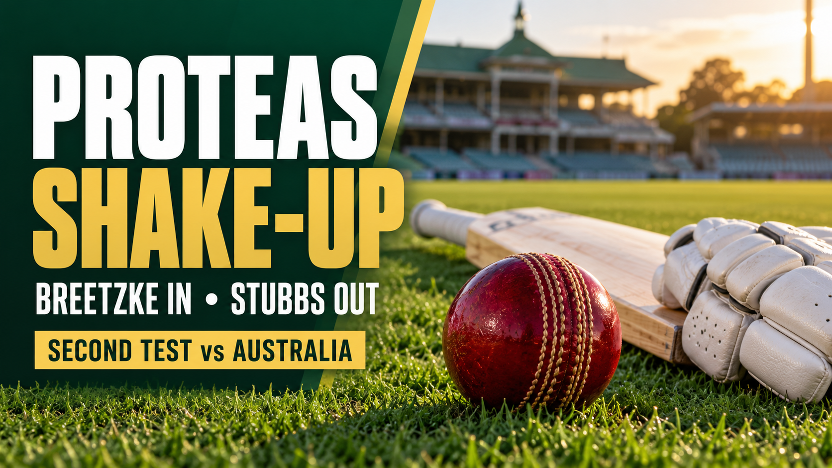 Proteas squad shake-up graphic with a red cricket ball, bat and gloves: Breetzke in, Stubbs out.
