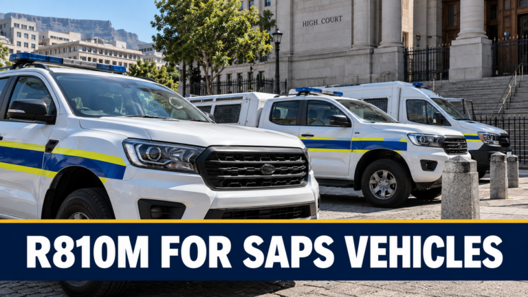 Police vehicles outside a South African court illustrating the R810 million SAPS fleet allocation