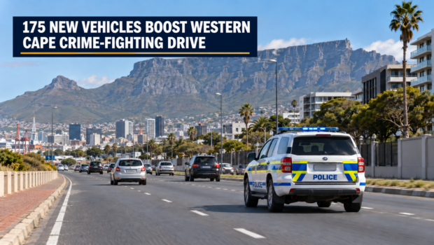 Police vehicle on a Cape Town road beneath Table Mountain, illustrating the Western Cape crime-fighting drive