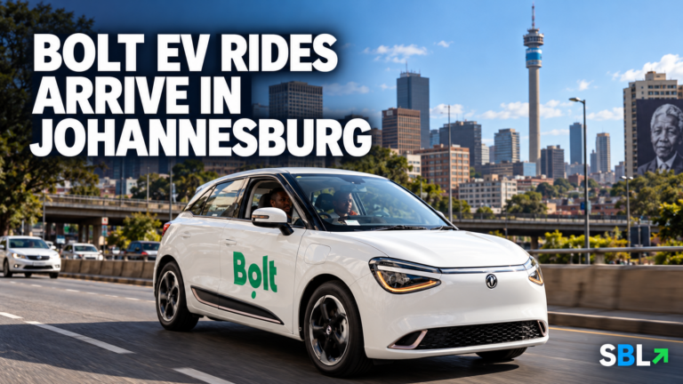 Bolt electric vehicle driving in Johannesburg with the city skyline behind it