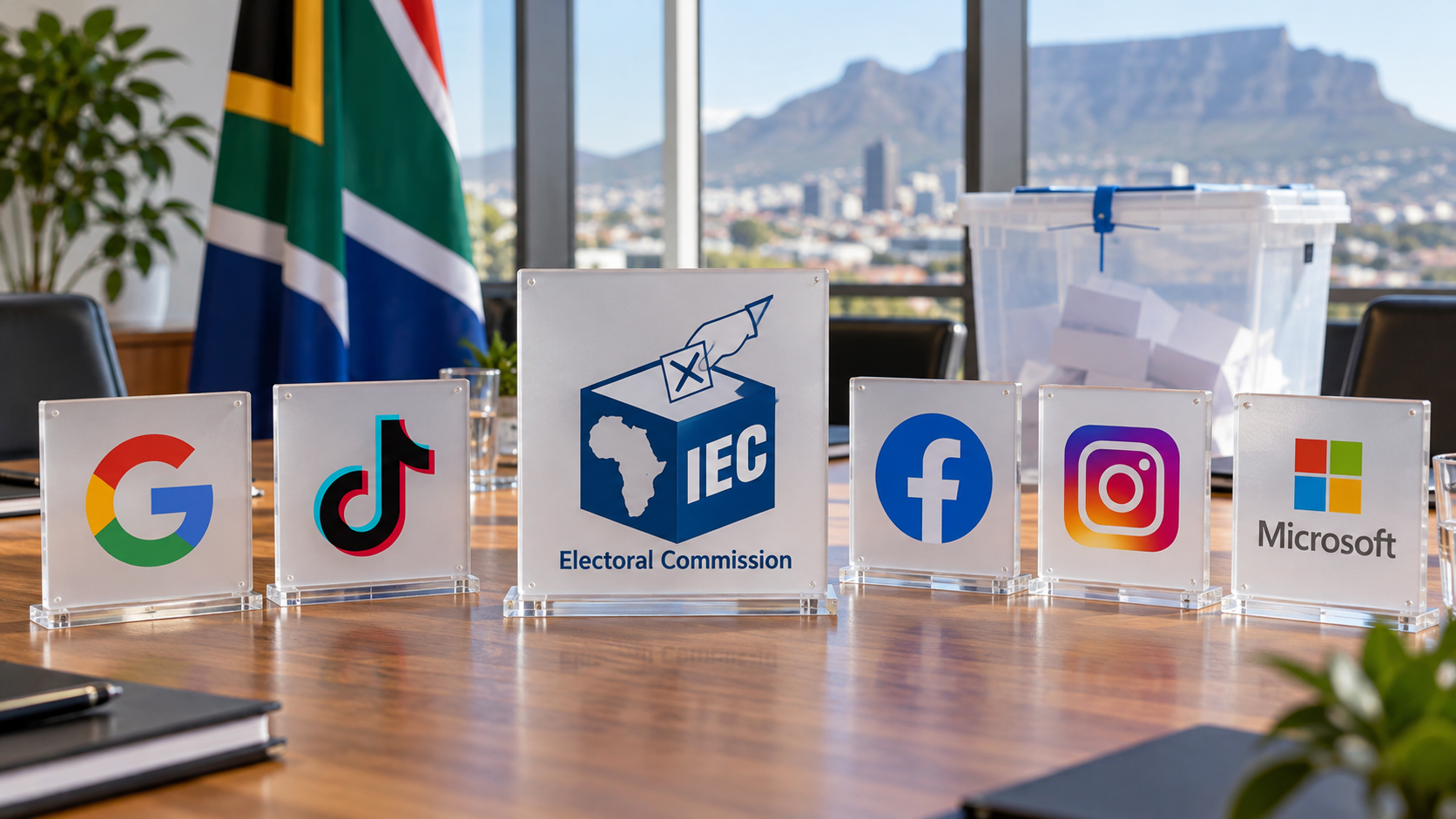 IEC disinformation partnership illustration with Google, TikTok, Facebook, Instagram and Microsoft symbols