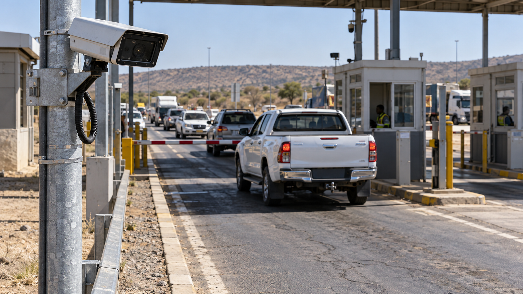 Number-plate camera screening vehicles at a border checkpoint — BMA vehicle targeting system illustration