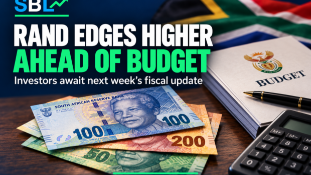 Editorial illustration of South African rand banknotes and budget documents: rand edges higher ahead of budget.