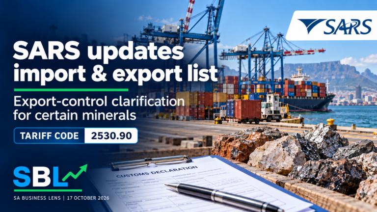 SARS import and export list update: mineral cargo, shipping containers and customs documents with SARS and SBL logos.