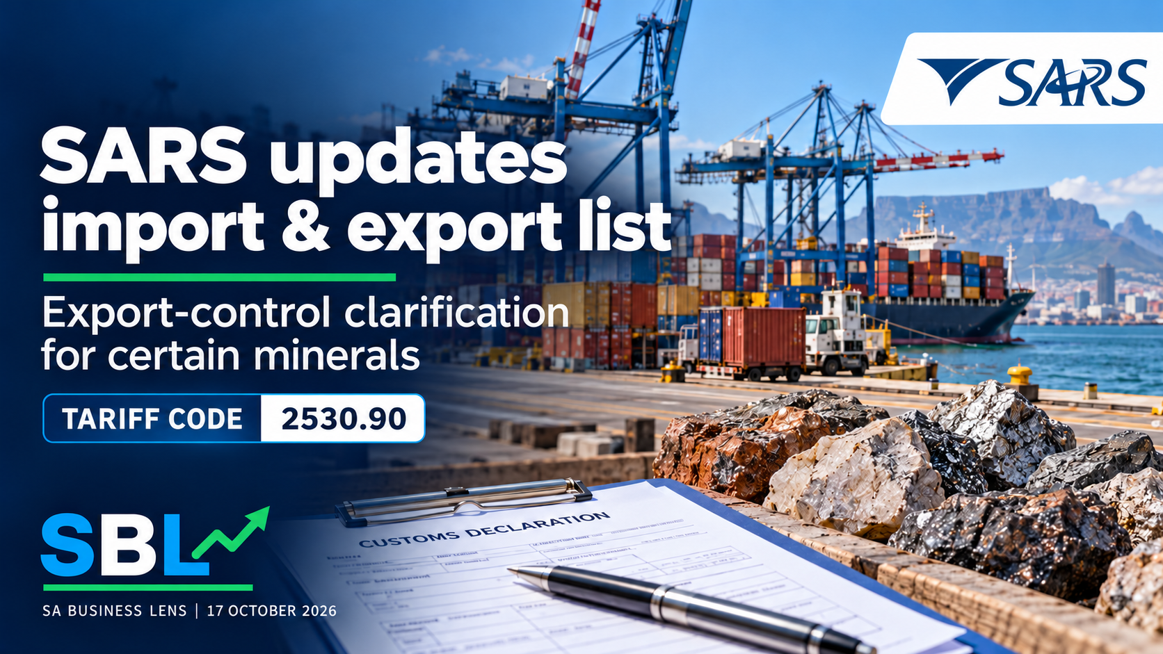 SARS import and export list update: mineral cargo, shipping containers and customs documents with SARS and SBL logos.