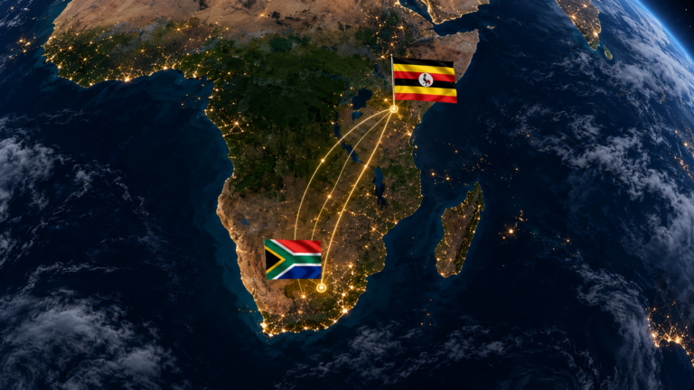 South Africa and Uganda flags linked over an African map, symbolising trade and investment cooperation