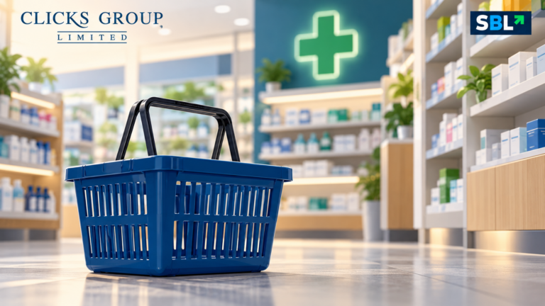Editorial illustration of an empty blue shopping basket in a softly lit pharmacy retail setting, with Clicks Group and SBL identifiers.