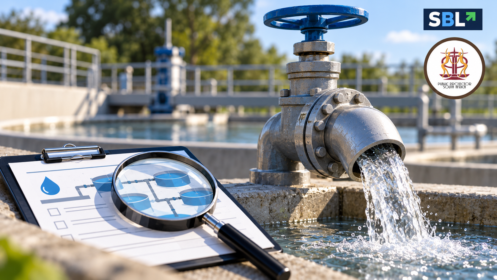 AI-generated editorial illustration of clean water infrastructure and an inspection checklist, with Public Protector and SBL identifiers.
