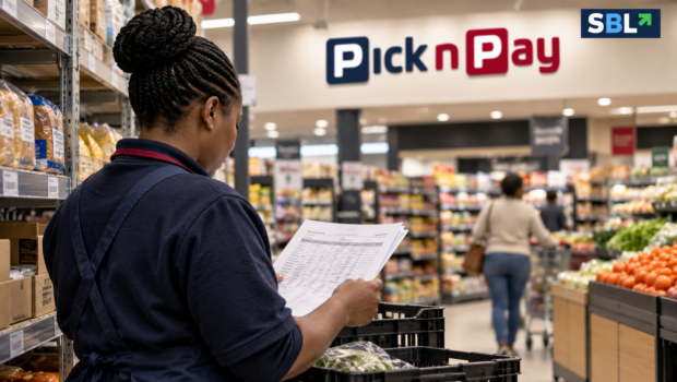AI-generated editorial illustration of a supermarket worker reviewing a shift schedule, with authentic Pick n Pay and SBL identifiers.