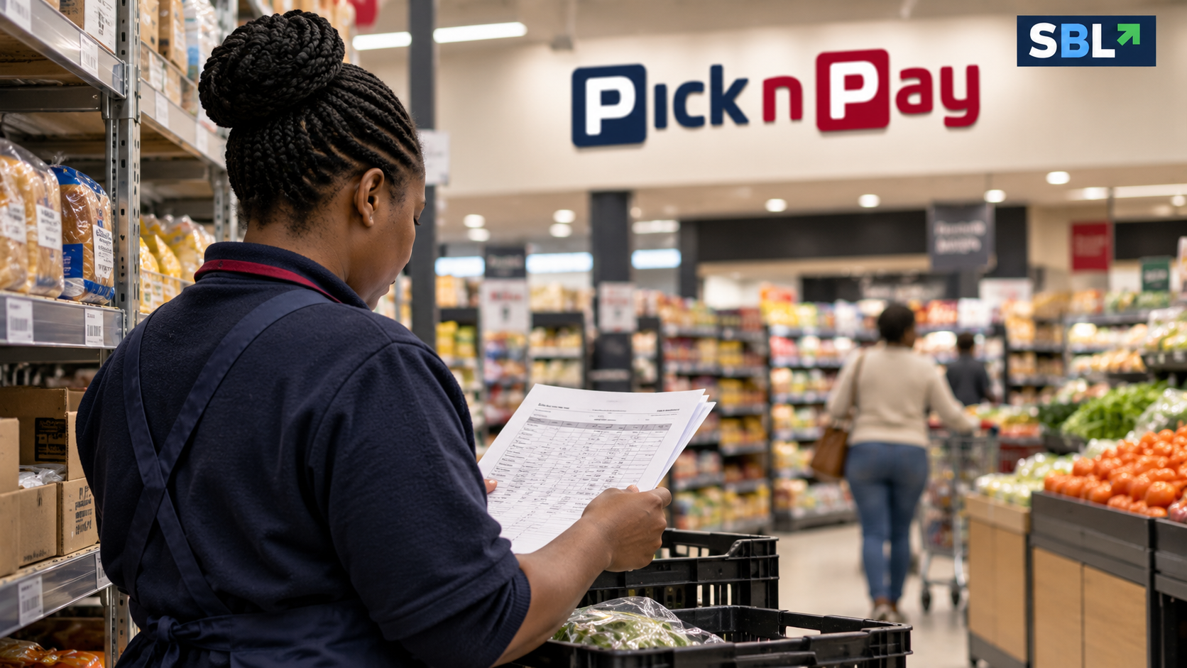 AI-generated editorial illustration of a supermarket worker reviewing a shift schedule, with authentic Pick n Pay and SBL identifiers.