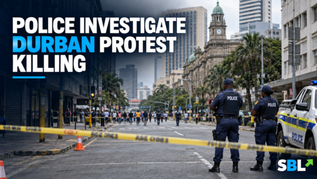Police securing a central Durban street while investigating a killing during a protest
