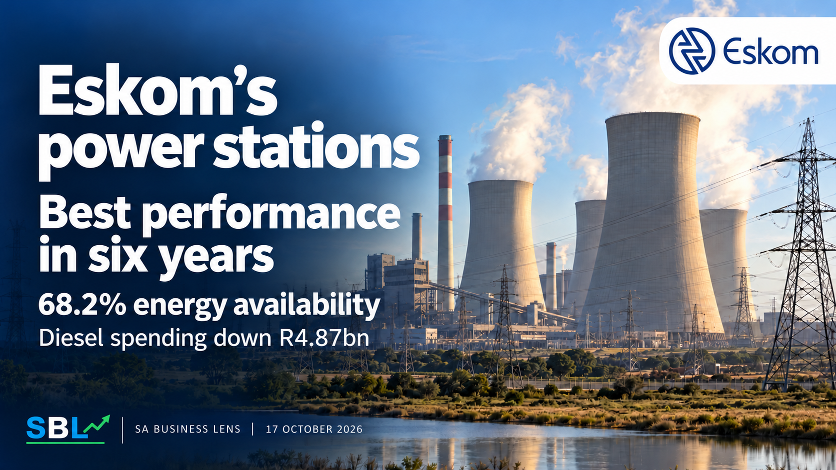 SA Business Lens graphic with SBL and Eskom logos: Eskom power stations record best availability performance in six years.