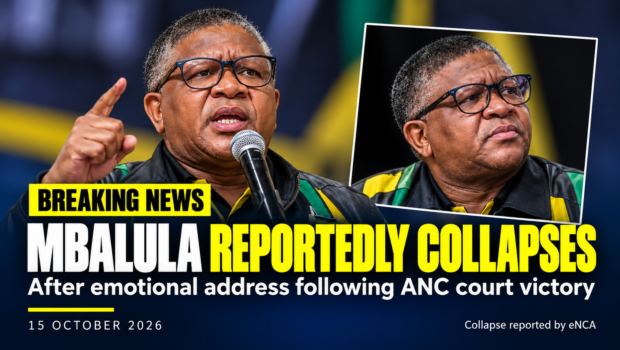 Fikile Mbalula in a news graphic about his reported collapse after an ANC court victory, attributed to eNCA.