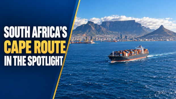 South Africa’s Cape Route in the Spotlight: illustrative graphic with a distant container ship and Table Mountain.