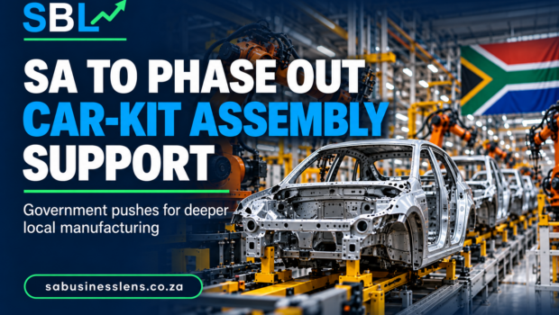 Editorial illustration of vehicle bodies on a production line: South Africa to phase out car-kit assembly support.