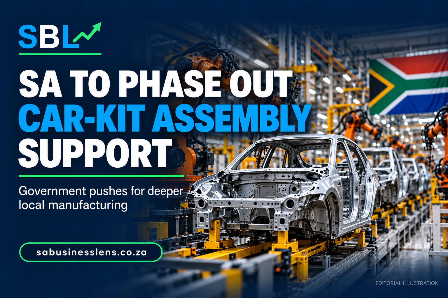 Editorial illustration of vehicle bodies on a production line: South Africa to phase out car-kit assembly support.