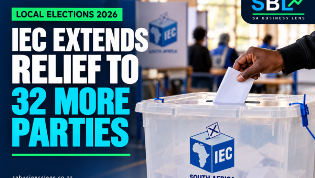 SA Business Lens editorial illustration of an IEC ballot box: IEC extends relief to 32 more parties.