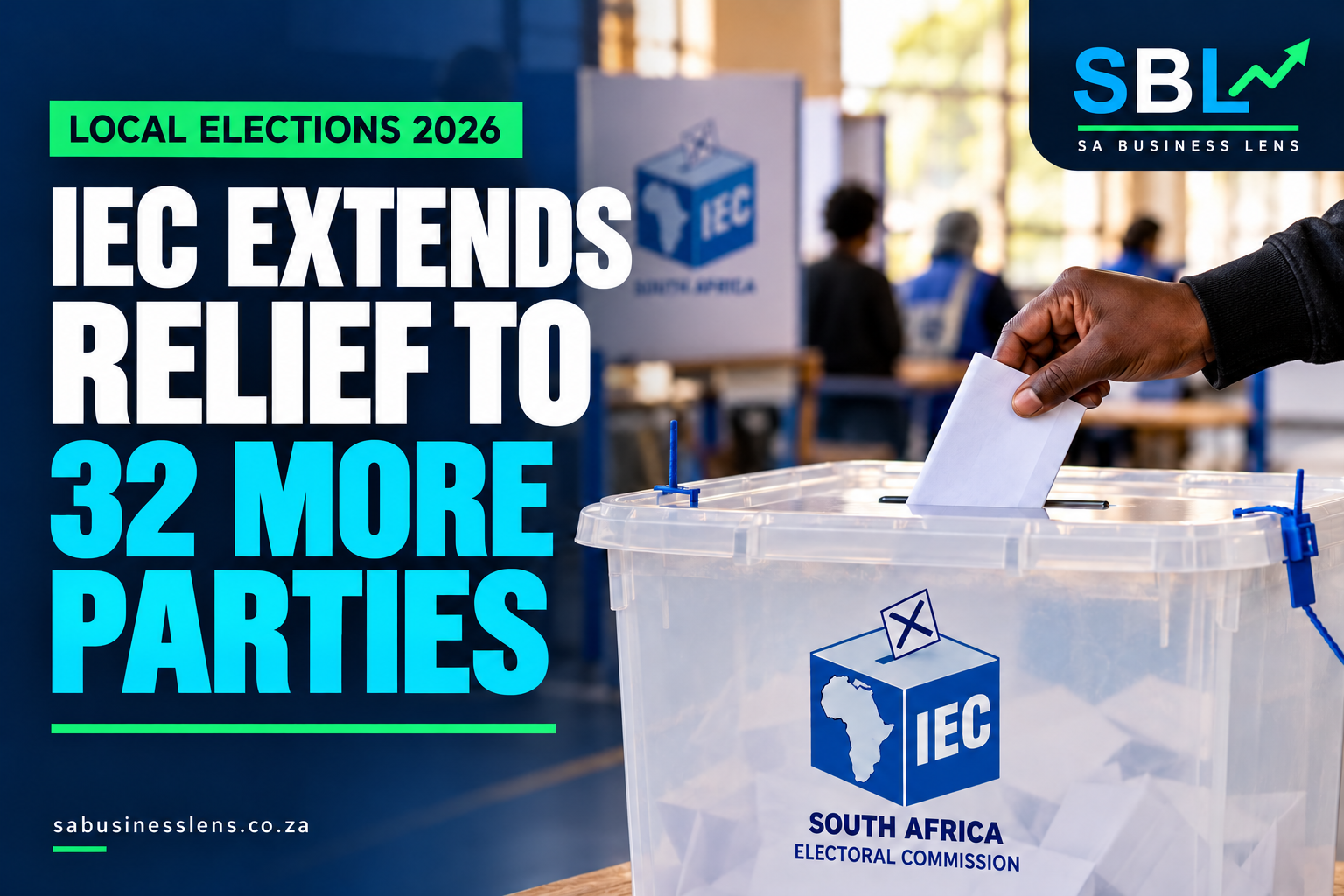 SA Business Lens editorial illustration of an IEC ballot box: IEC extends relief to 32 more parties.