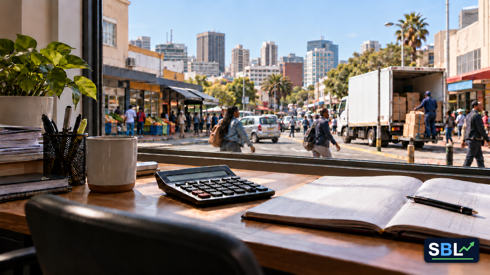 Editorial illustration of a calculator and open ledger overlooking ordinary business activity in a South African city, with SBL branding.