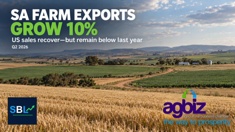 Illustration of South African farmland with SA agricultural exports growth headline and SA Business Lens and Agbiz logos