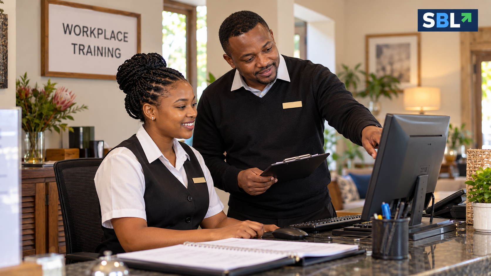 AI-generated editorial illustration of a hospitality trainee learning workplace systems with a mentor.