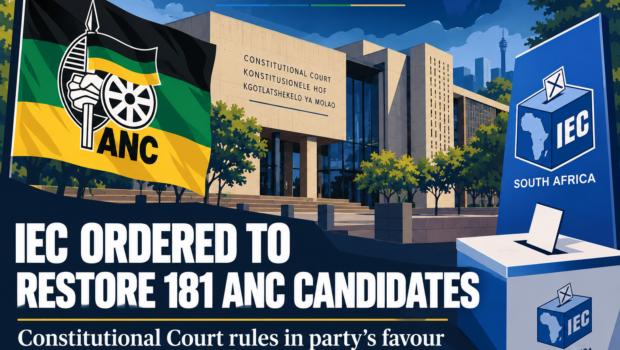 Editorial illustration with ANC and IEC branding: IEC ordered to restore 181 ANC candidates after Constitutional Court ruling.