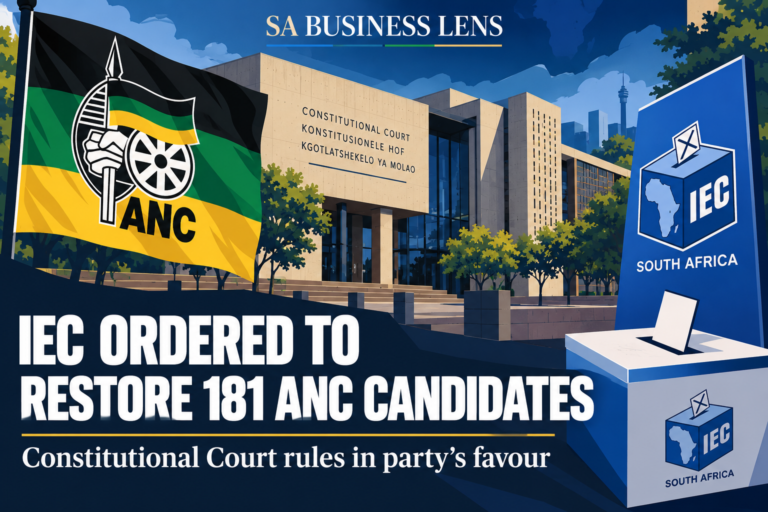 Editorial illustration with ANC and IEC branding: IEC ordered to restore 181 ANC candidates after Constitutional Court ruling.