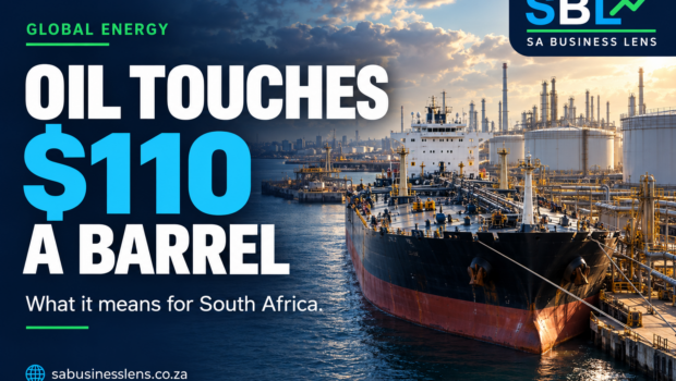 SA Business Lens editorial illustration of an oil tanker and terminal: oil touches $110 a barrel.