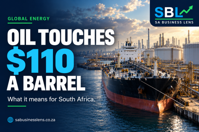 SA Business Lens editorial illustration of an oil tanker and terminal: oil touches $110 a barrel.