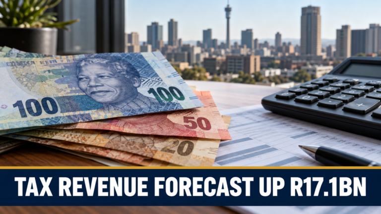 South African rand notes and a calculator illustrating the R17.1 billion tax revenue forecast increase