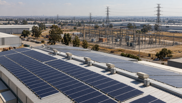 Industrial rooftop solar panels and electricity substation — Ekurhuleni private power procurement illustration
