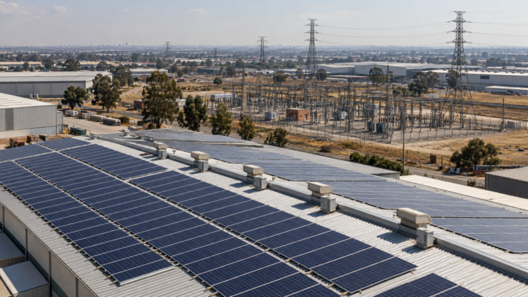 Industrial rooftop solar panels and electricity substation — Ekurhuleni private power procurement illustration