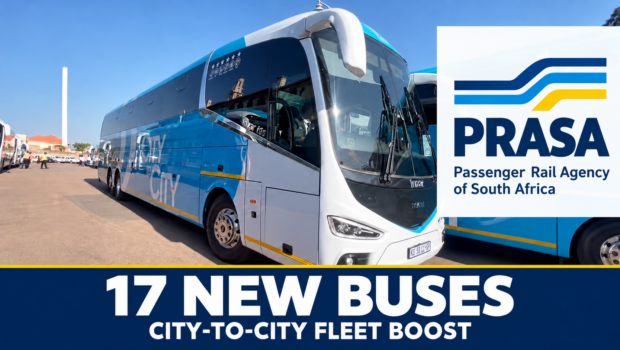 Blue and white City-to-City buses with PRASA branding and a headline announcing 17 new buses.