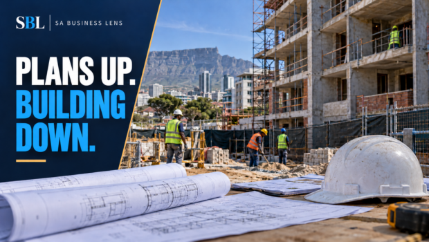 South African construction site illustrating approved plans rising while completed projects decline