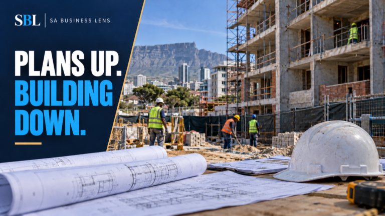 South African construction site illustrating approved plans rising while completed projects decline