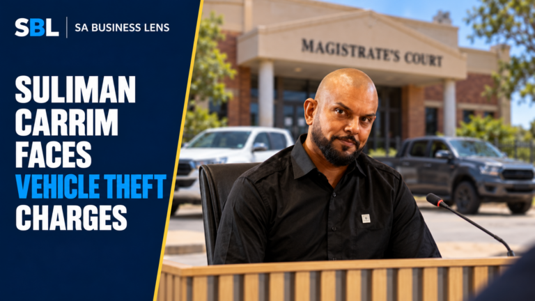 Suliman Carrim pictured with a court and vehicles in a composite news graphic