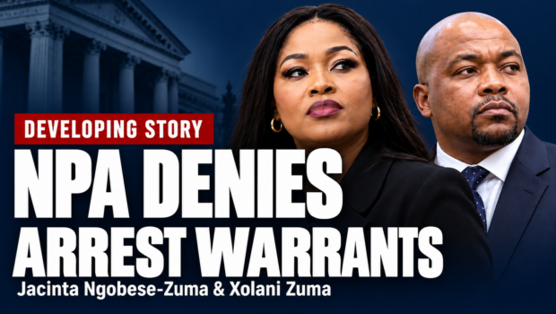 Jacinta Ngobese-Zuma and Xolani Zuma in a news graphic stating that the NPA denies arrest warrants.