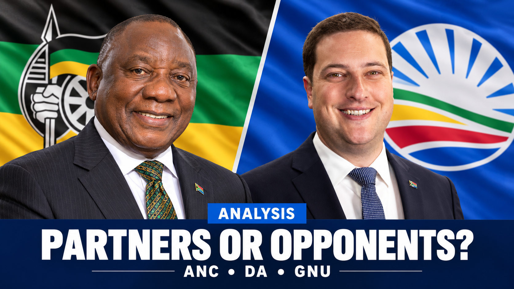 ANC and DA GNU analysis: illustrative composite of Cyril Ramaphosa and Geordin Hill-Lewis with their party flags.
