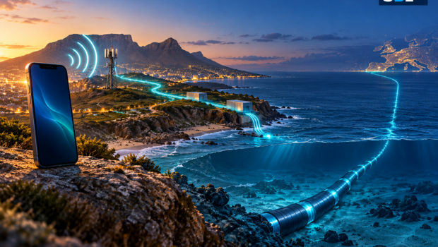 Editorial illustration of a smartphone connecting wirelessly to land fibre and an undersea cable linking South Africa across the Atlantic, with SBL branding.