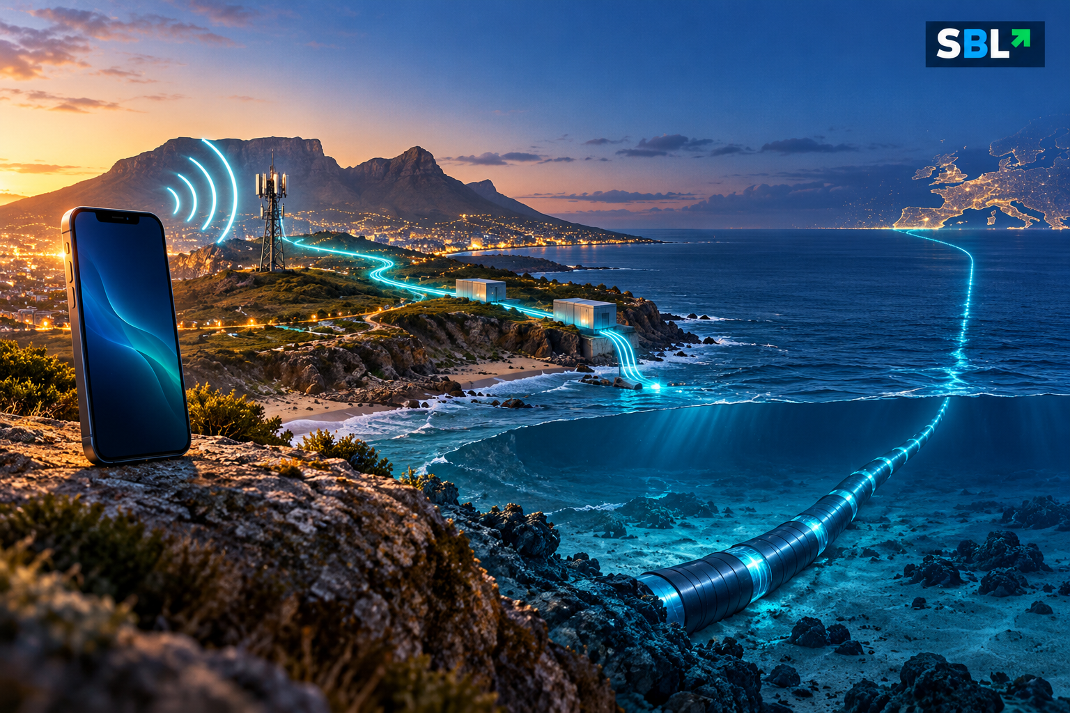 Editorial illustration of a smartphone connecting wirelessly to land fibre and an undersea cable linking South Africa across the Atlantic, with SBL branding.