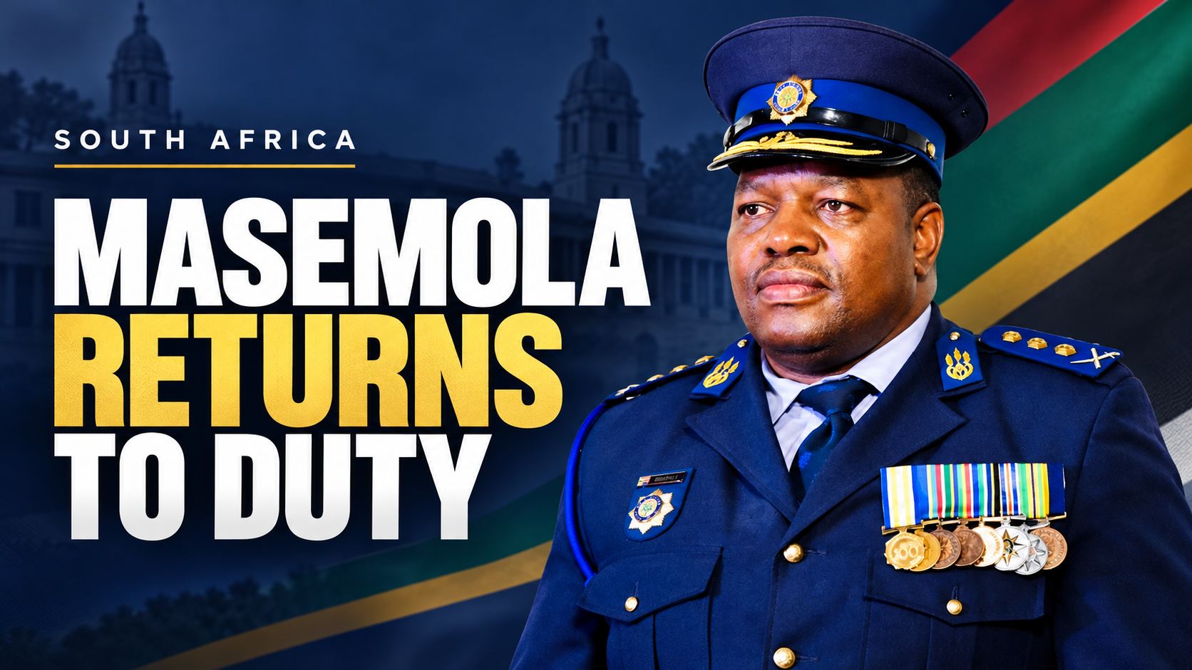 General Fannie Masemola in SAPS uniform beside the headline Masemola returns to duty