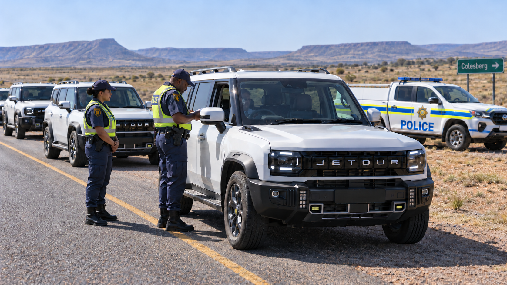 Editorial illustration of white Jetour T2 hybrid vehicles stopped at a SAPS roadside checkpoint near Colesberg