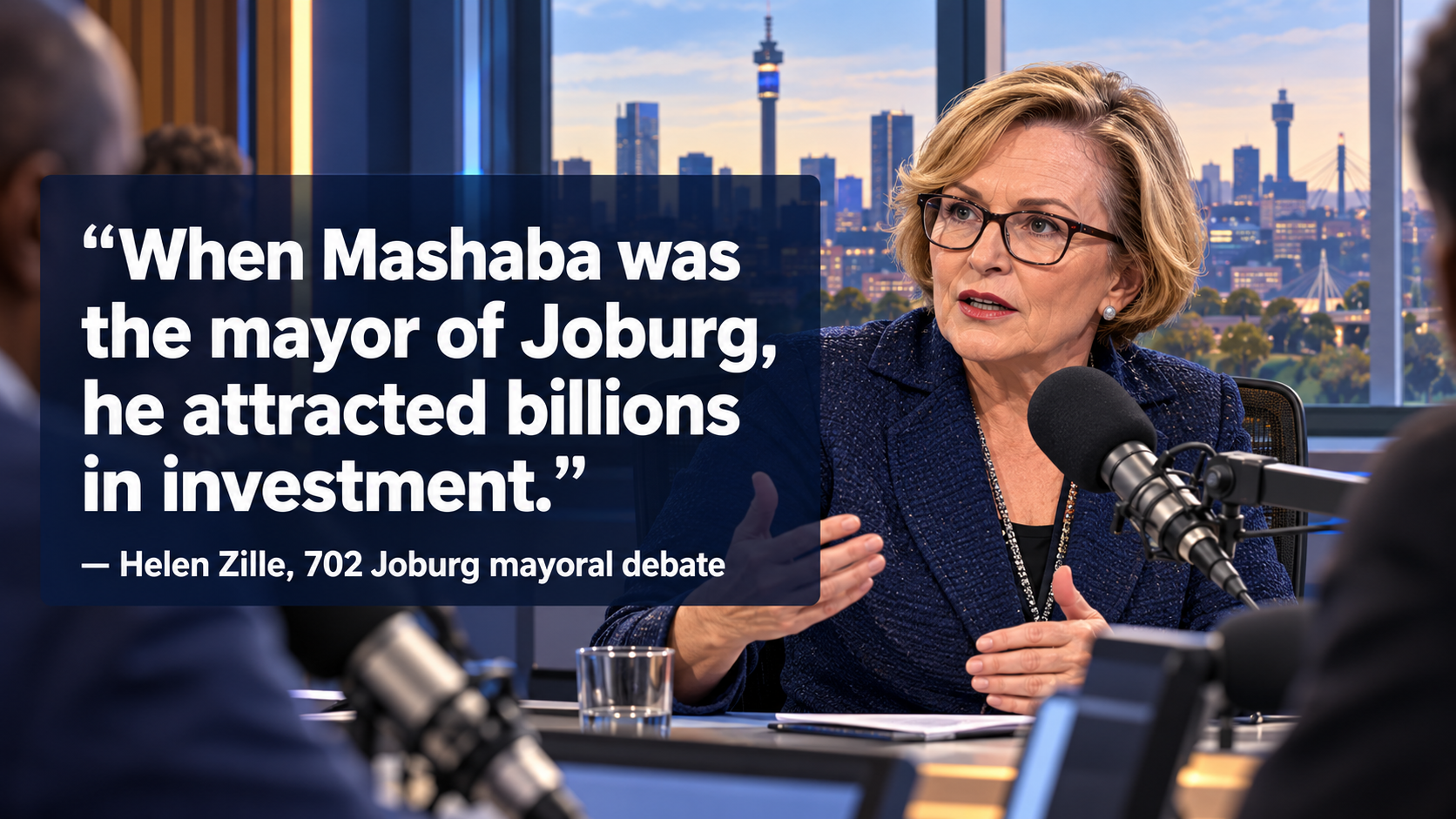 Editorial illustration of Helen Zille at a Johannesburg mayoral debate with her quote about investment under Herman Mashaba
