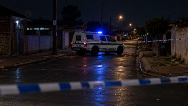 Police vehicle behind cordon tape on a dark residential street in Katlehong