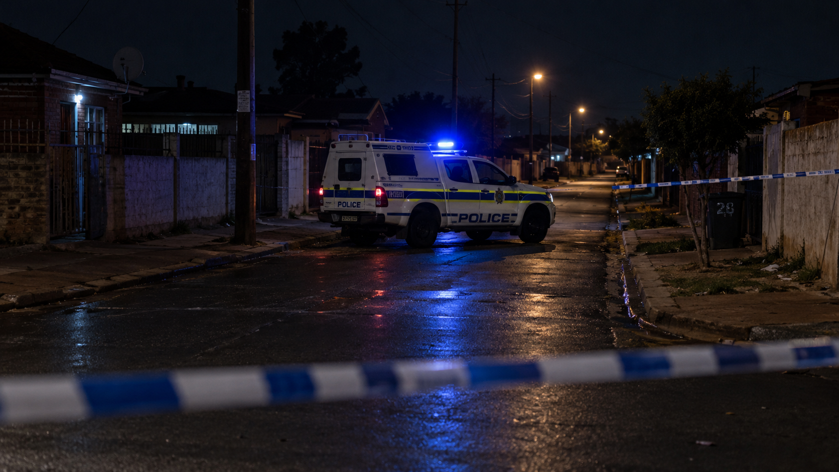 Police vehicle behind cordon tape on a dark residential street in Katlehong