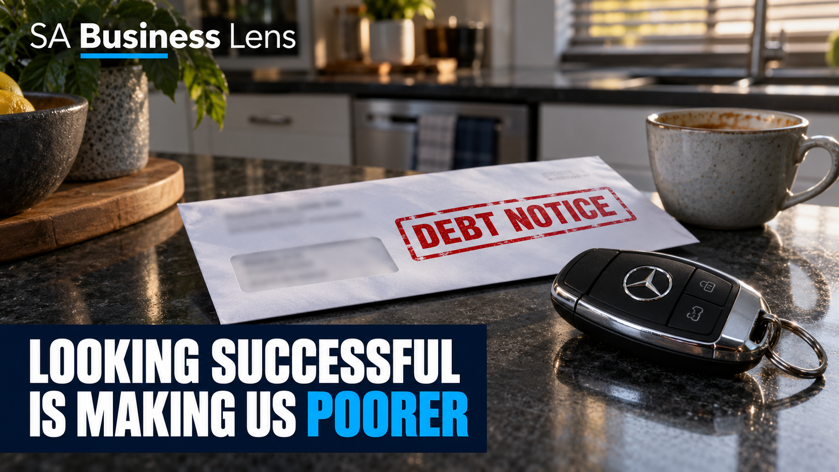 Mercedes-Benz car keys beside a debt notice on a kitchen counter, illustrating the financial pressure to look successful